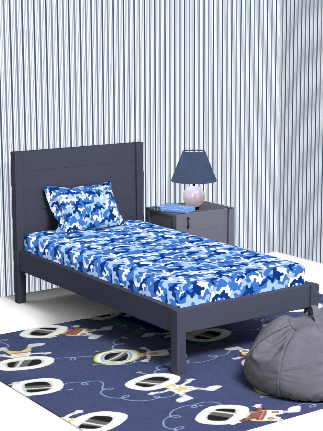 Himeya Play Visionary Blue Abstract Cotton 180 TC Single Fine Bedsheet with a Pillow Cover-59 x 87 inches