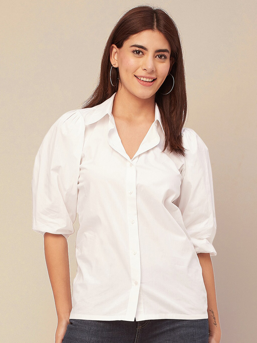Moomaya Puff Sleeve Cotton Shirt Style Top