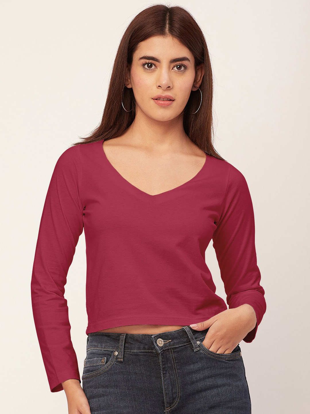 Moomaya V-Neck Long Sleeves Crop Top