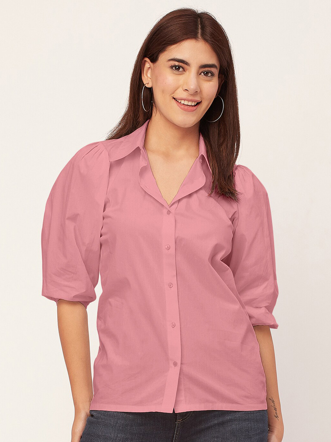 Moomaya Puff Sleeve Cotton Shirt Style Top