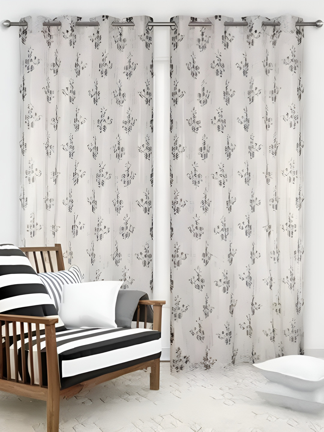 AH ARTSY HOME Tissue Net Coffee Brown & White 2 Pcs Floral Tissue Net Sheer Door Curtains