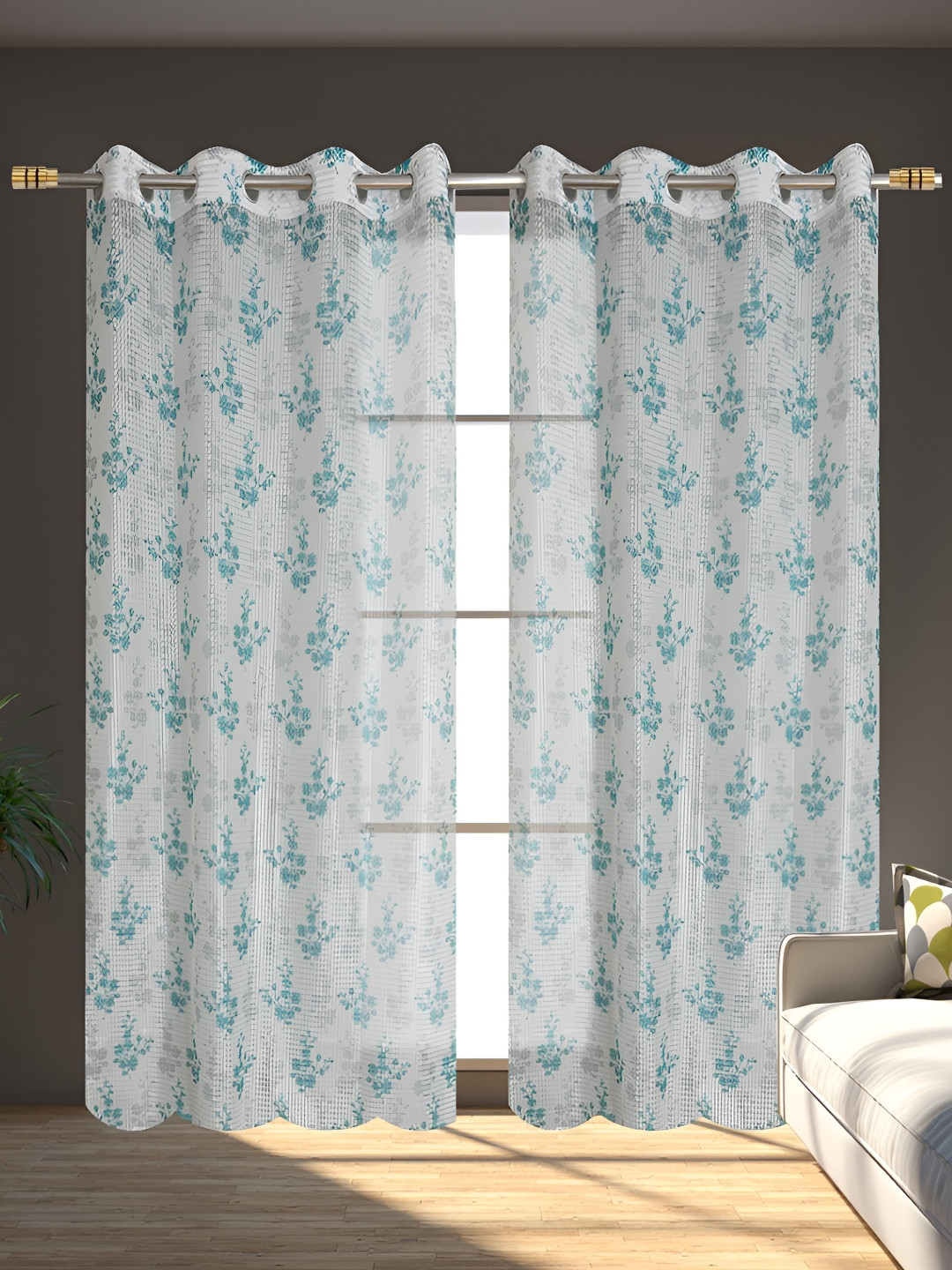 AH ARTSY HOME Tissue Net Turquoise Blue & White 2 Pcs Floral Tissue Net Sheer Door Curtain