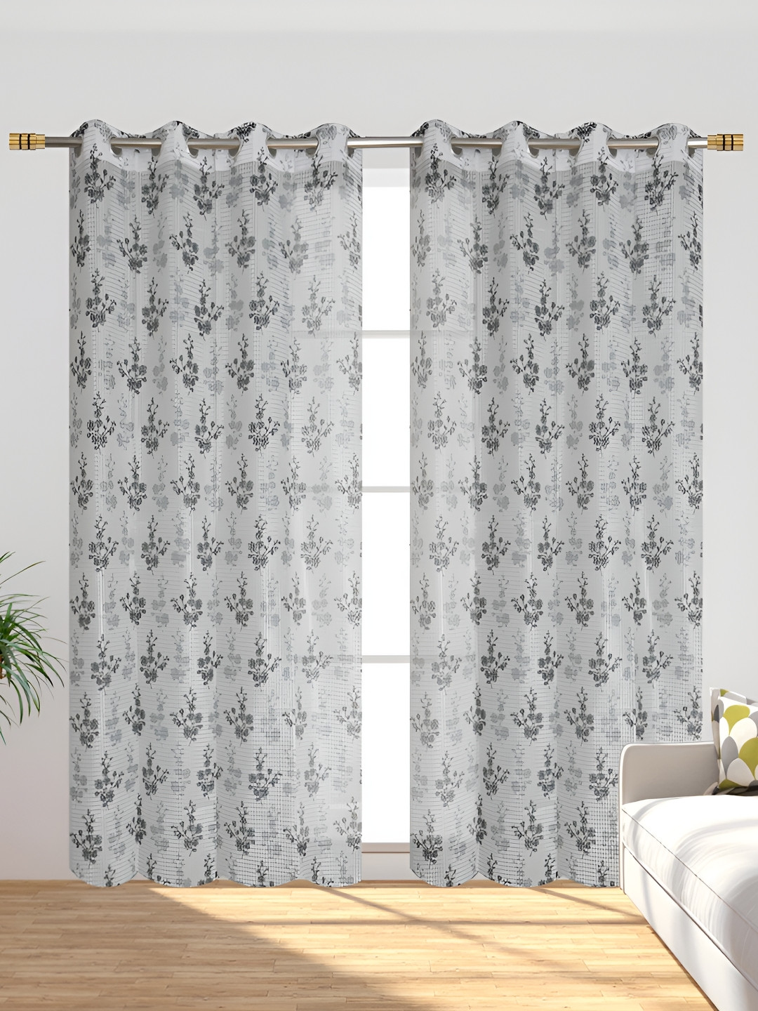 AH ARTSY HOME Tissue Net Grey & White 2 Pcs Floral Tissue Net Sheer Door Curtains