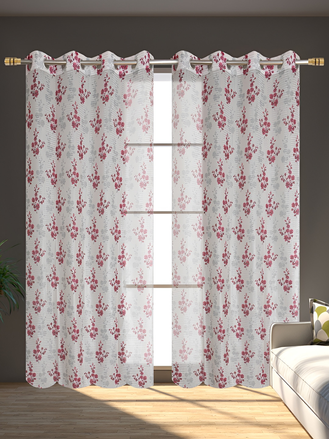 AH ARTSY HOME Red & White 2 Pcs Floral Printed Tissue Net Sheer Door Curtains