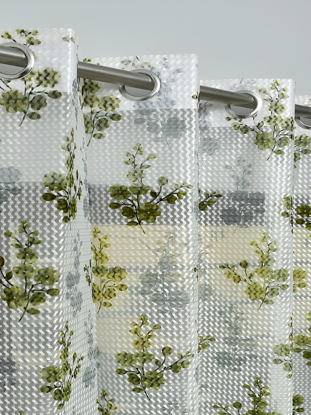 AH ARTSY HOME Tissue Net Green & White 2 Pcs Floral Printed Tissue Net Sheer Door Curtains