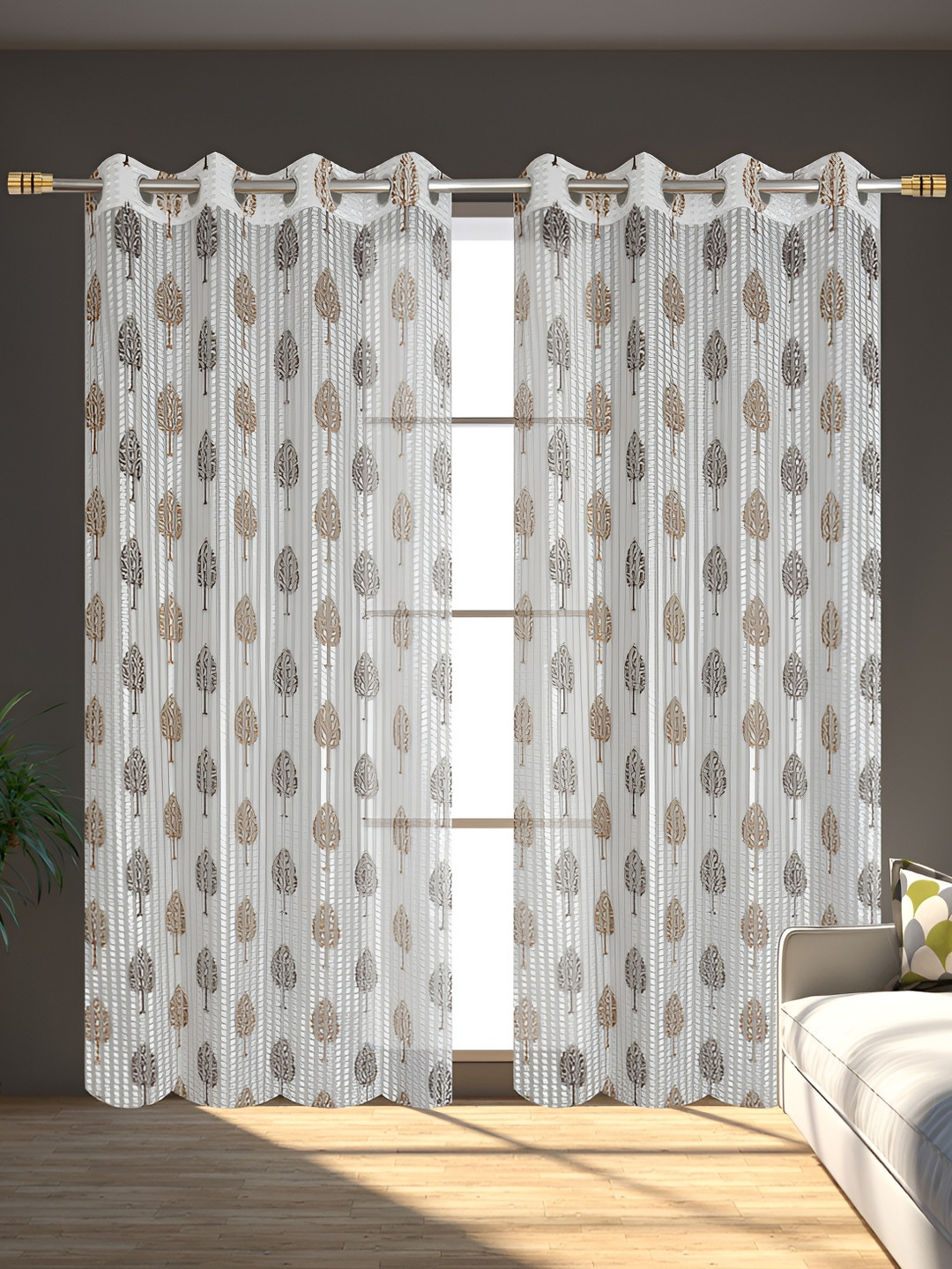 AH ARTSY HOME Coffee Brown & Grey 2 Pcs Floral Printed  Tissue Net Sheer Door Curtains