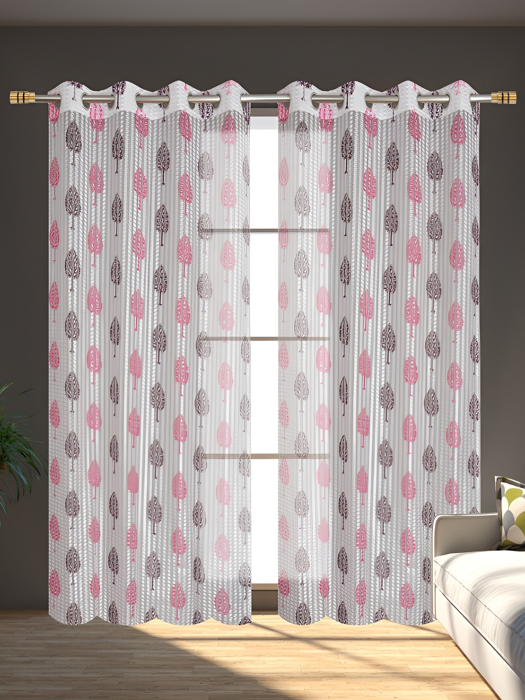 AH ARTSY HOME PED Tissue Net Pink & White 2 Pcs Floral Tissue Net Sheer Door Curtains