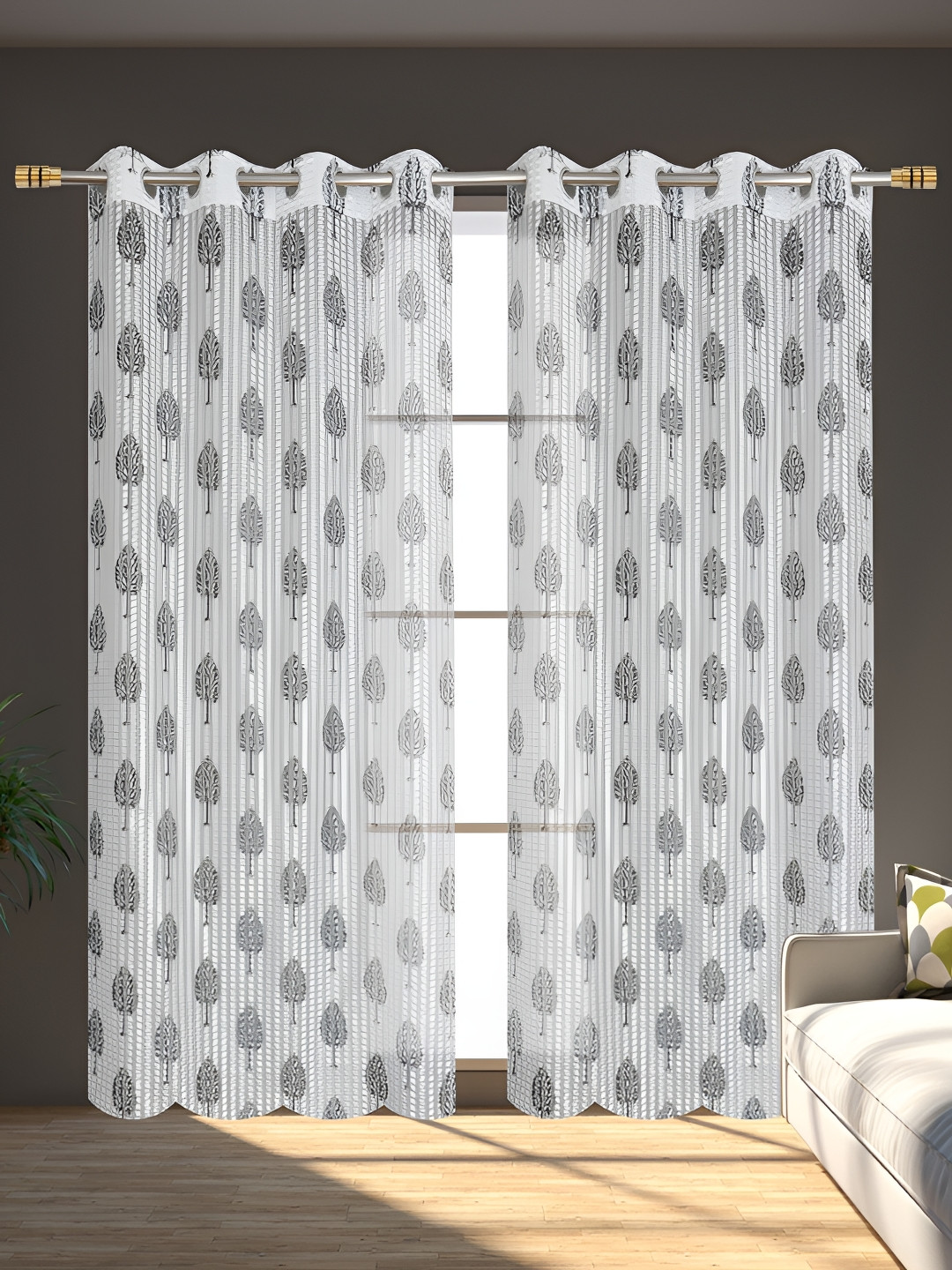 AH ARTSY HOME PED Tissue Net Grey & White 2 Pieces Floral Tissue Net Sheer Door Curtains