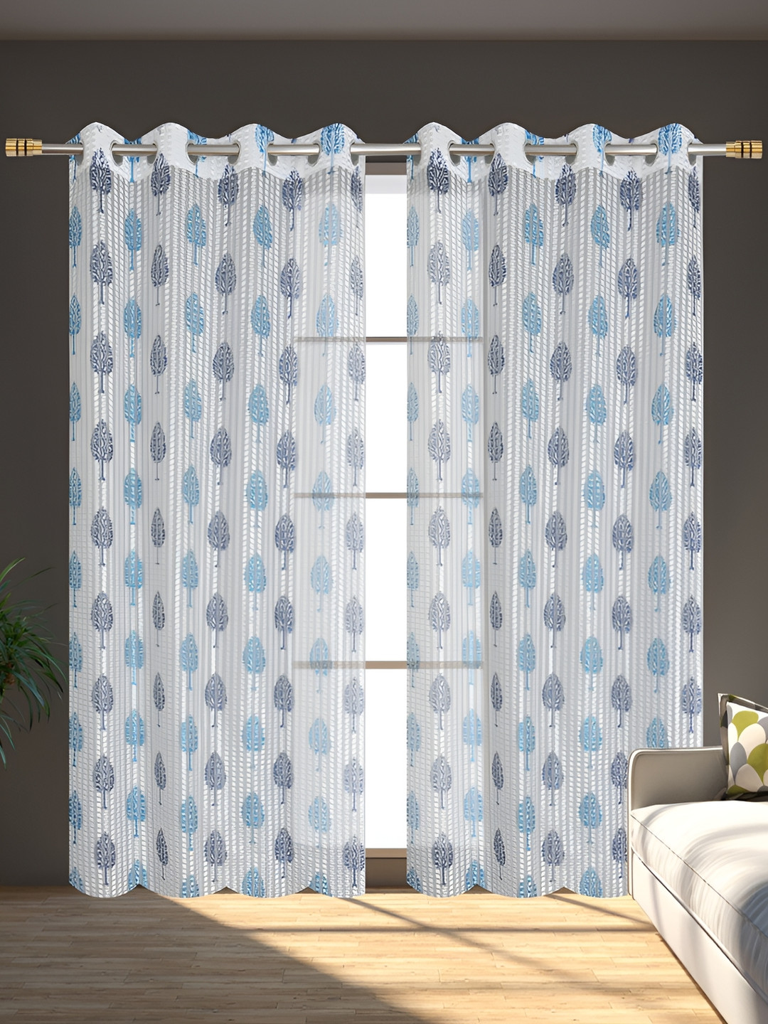 AH ARTSY HOME PED Tissue Net Blue & Grey 2 Pieces Floral Tissue Net Sheer Door Curtains