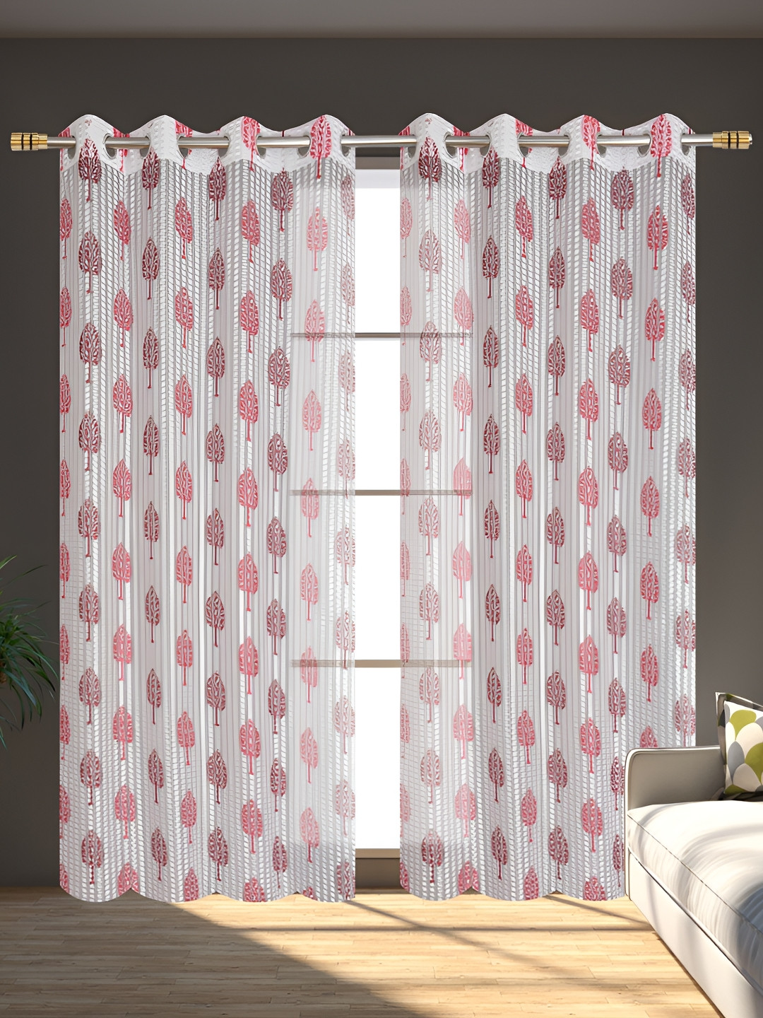 AH ARTSY HOME PED Tissue Net Marron & White 2 Pcs Floral Tissue Net Sheer Door Curtains