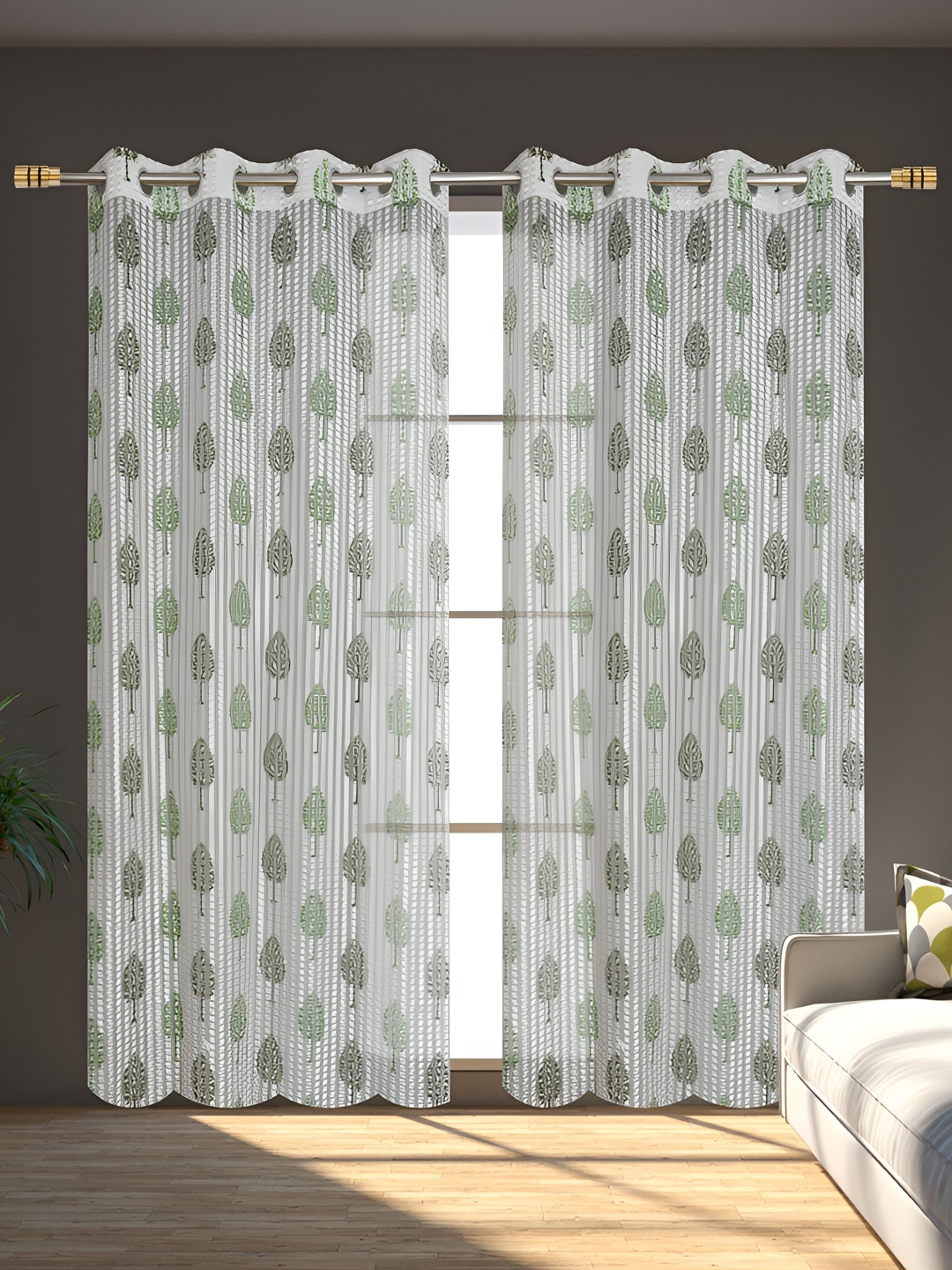 AH ARTSY HOME PED Tissue Net Green & White 2 Pcs Floral Tissue Net Sheer Door Curtains