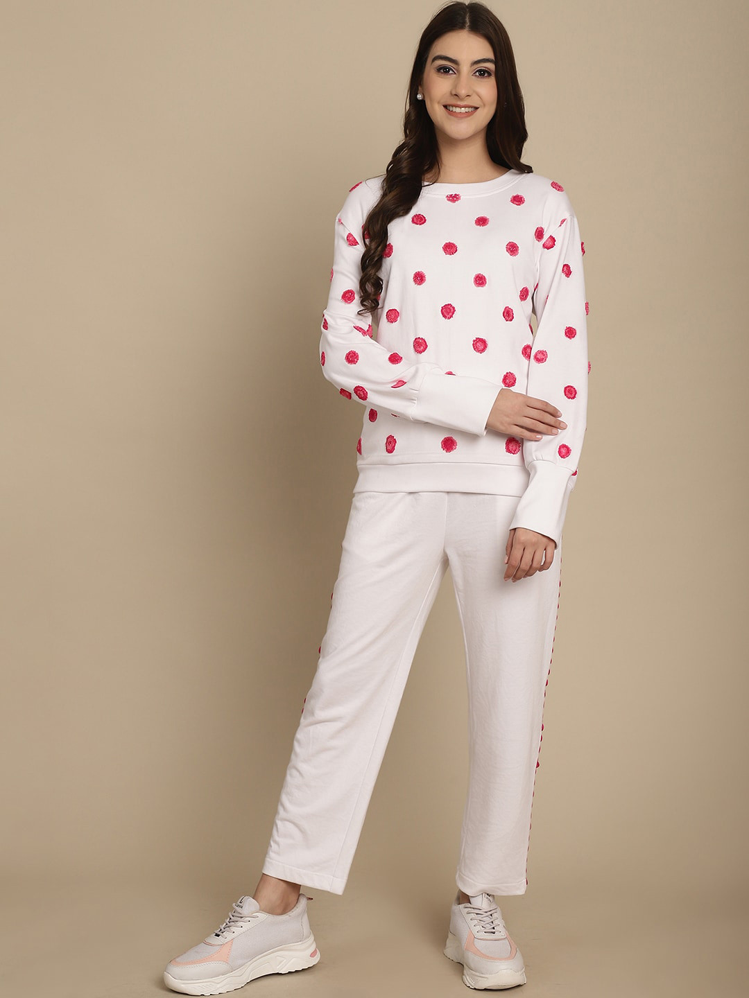 BLANC9 Polka Dots Self Design Sweatshirt With Trouser Co-Ords