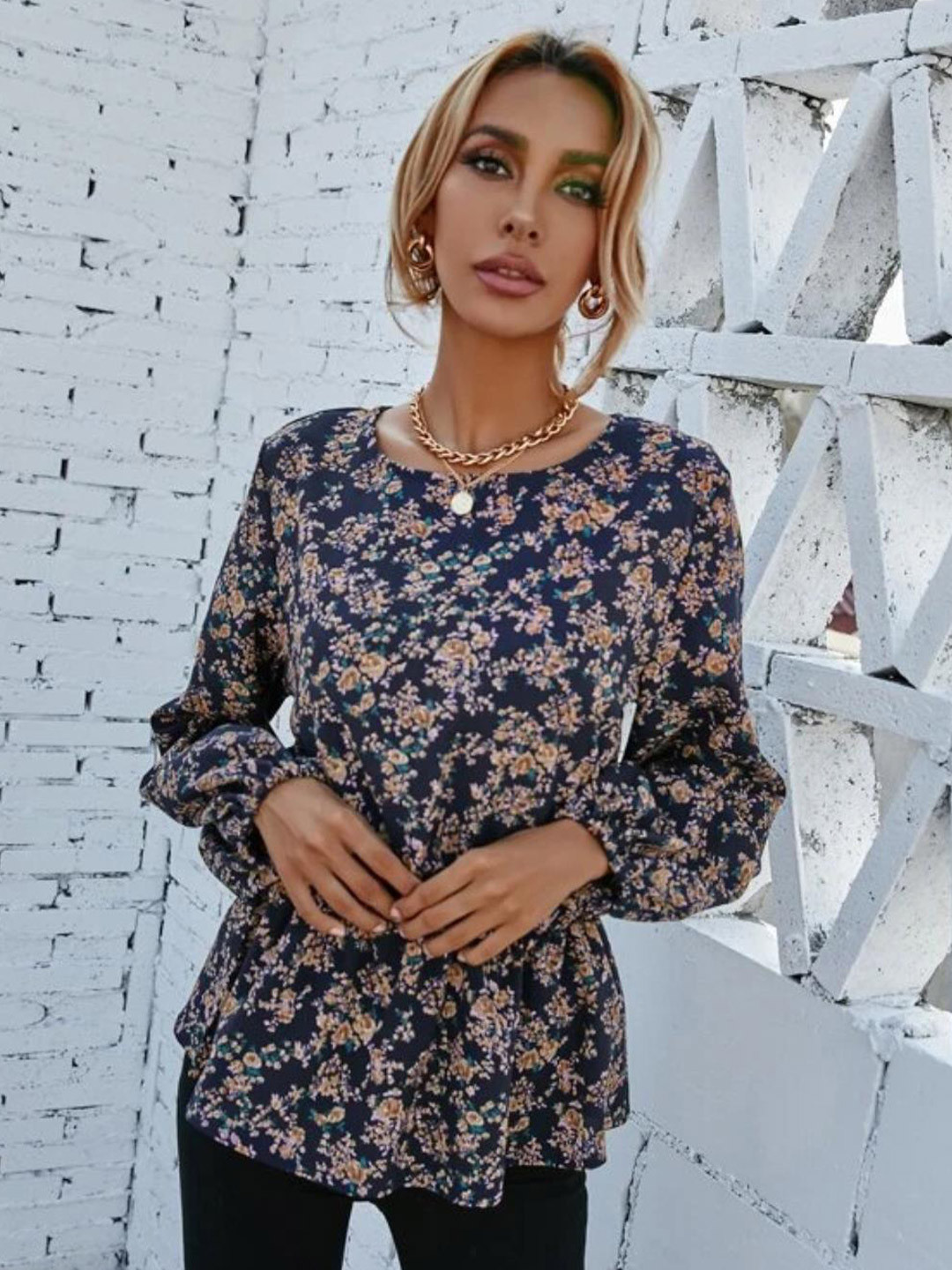 Kotty Blue Floral Printed Satin Cinched Waist Top
