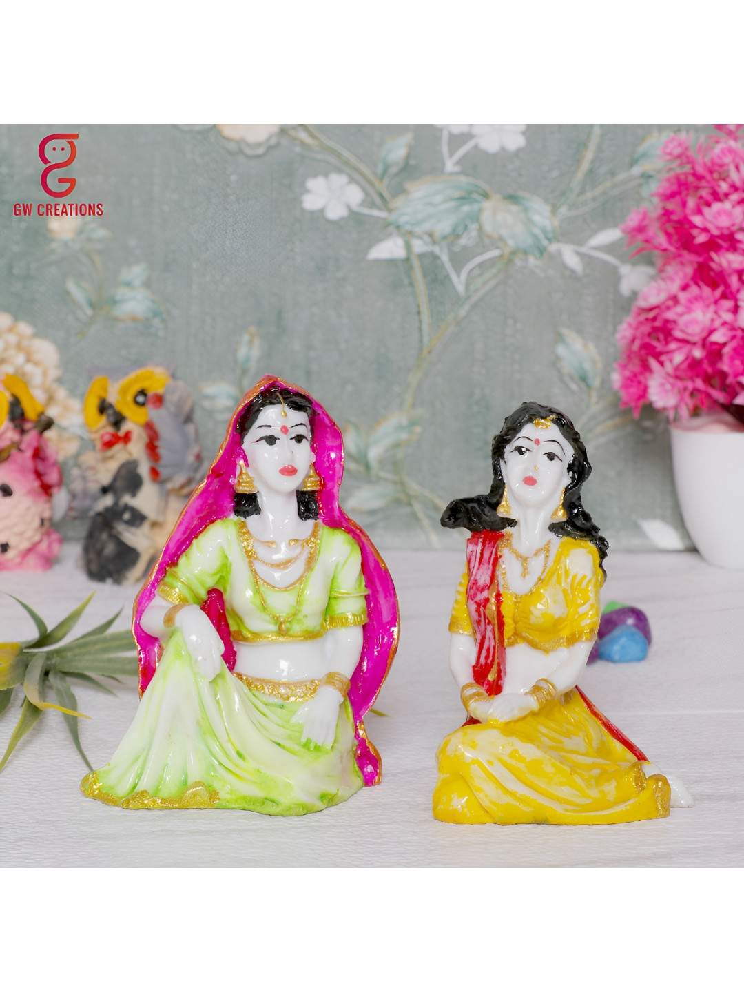 GW CREATIONS Rajasthani Musicians Green Marble Glossy Living Room Music Set of 2 Small Showpieces - 4.3 Inches
