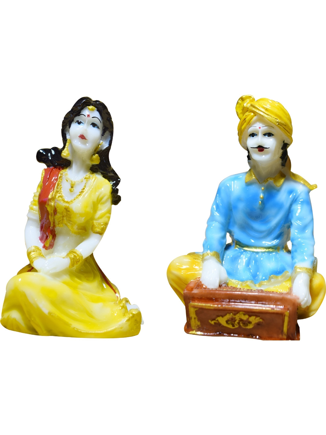GW CREATIONS Rajasthani Musicians White Marble Glossy Living Room Music Set of 2 Small Showpieces - 5 Inches