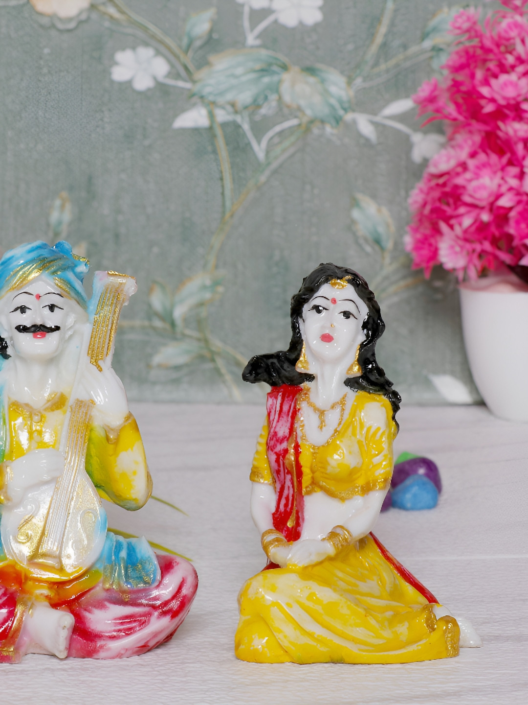 GW CREATIONS Rajasthani Musicians Yellow Marble Glossy Living Room Music Set of 2 Small Showpieces - 4.3 Inches
