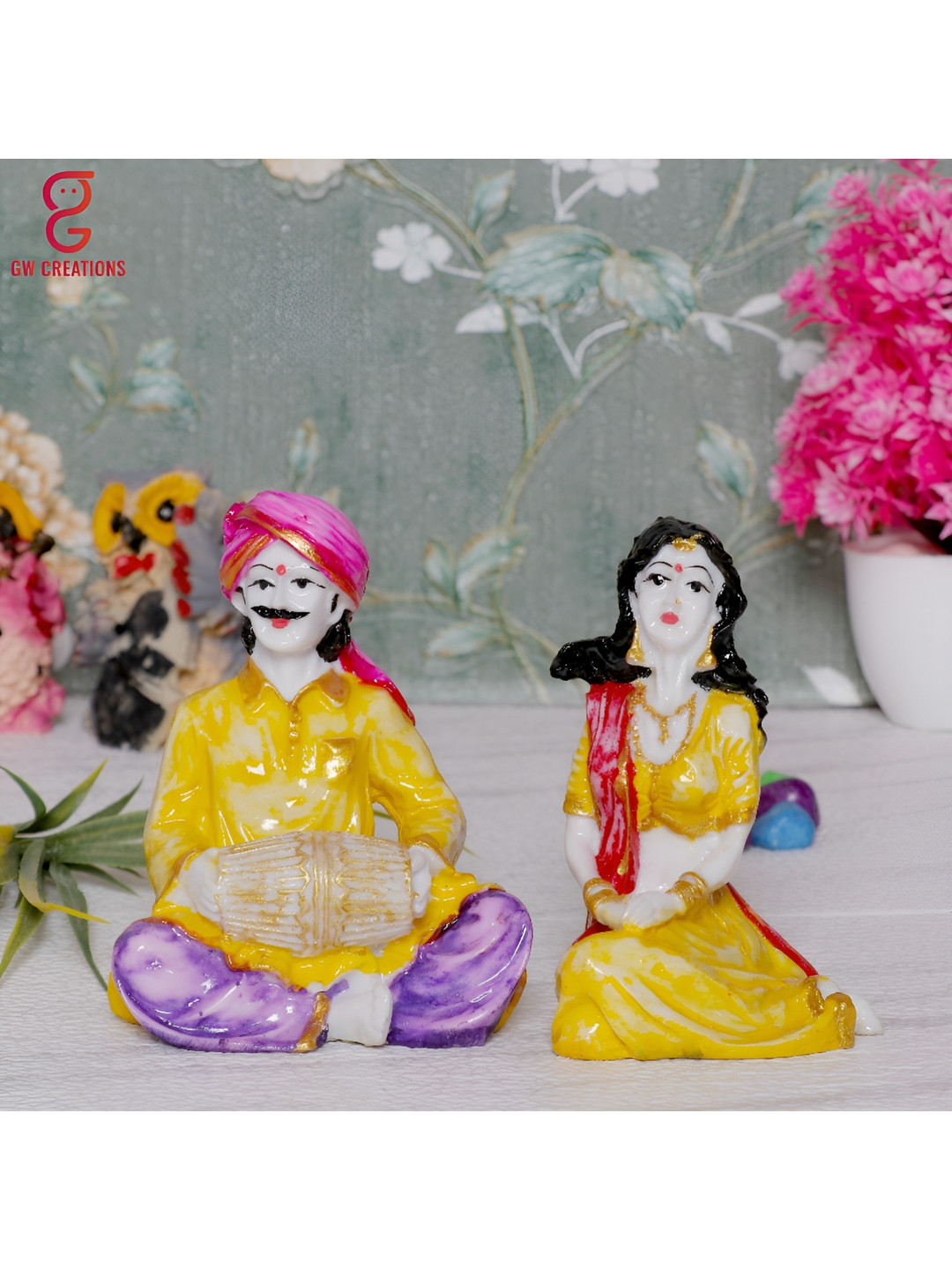 GW CREATIONS Rajasthani Musicians White Marble Glossy Prayer Room Set of 2 Small Showpieces - 4.3 Inches