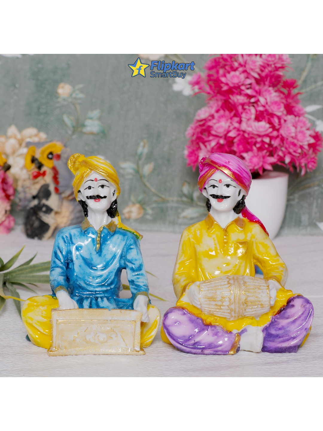 GW CREATIONS Rajasthani Musicians White Marble Glossy Prayer Room Music Set of 2 Small Showpieces - 4.3 Inches