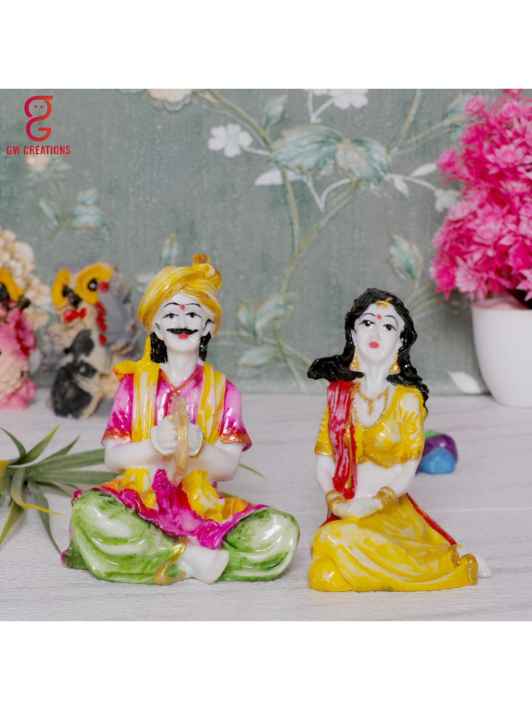 GW CREATIONS Rajasthani Musicians White Marble Glossy Prayer Room Music Set of 2 Small Showpieces - 4.3 Inches