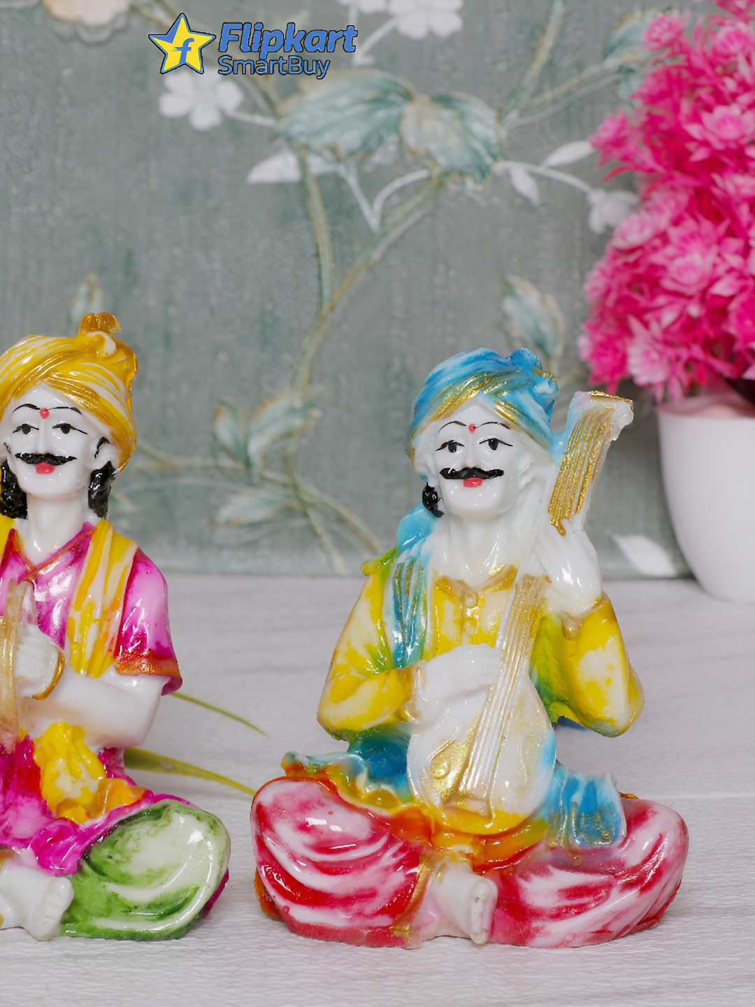 GW CREATIONS Rajasthani Musicians Pink Marble Glossy Prayer Room Music Set of 2 Small Showpieces - 2 Inches
