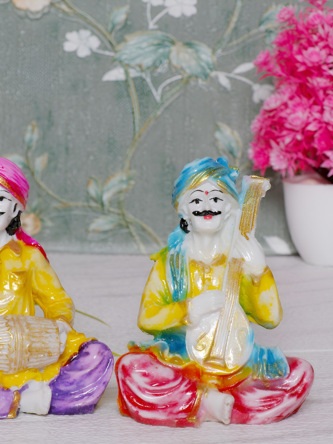 GW CREATIONS Rajasthani Musicians White Marble Natural Living Room Music Set of 2 Small Showpieces - 4.3 Inches