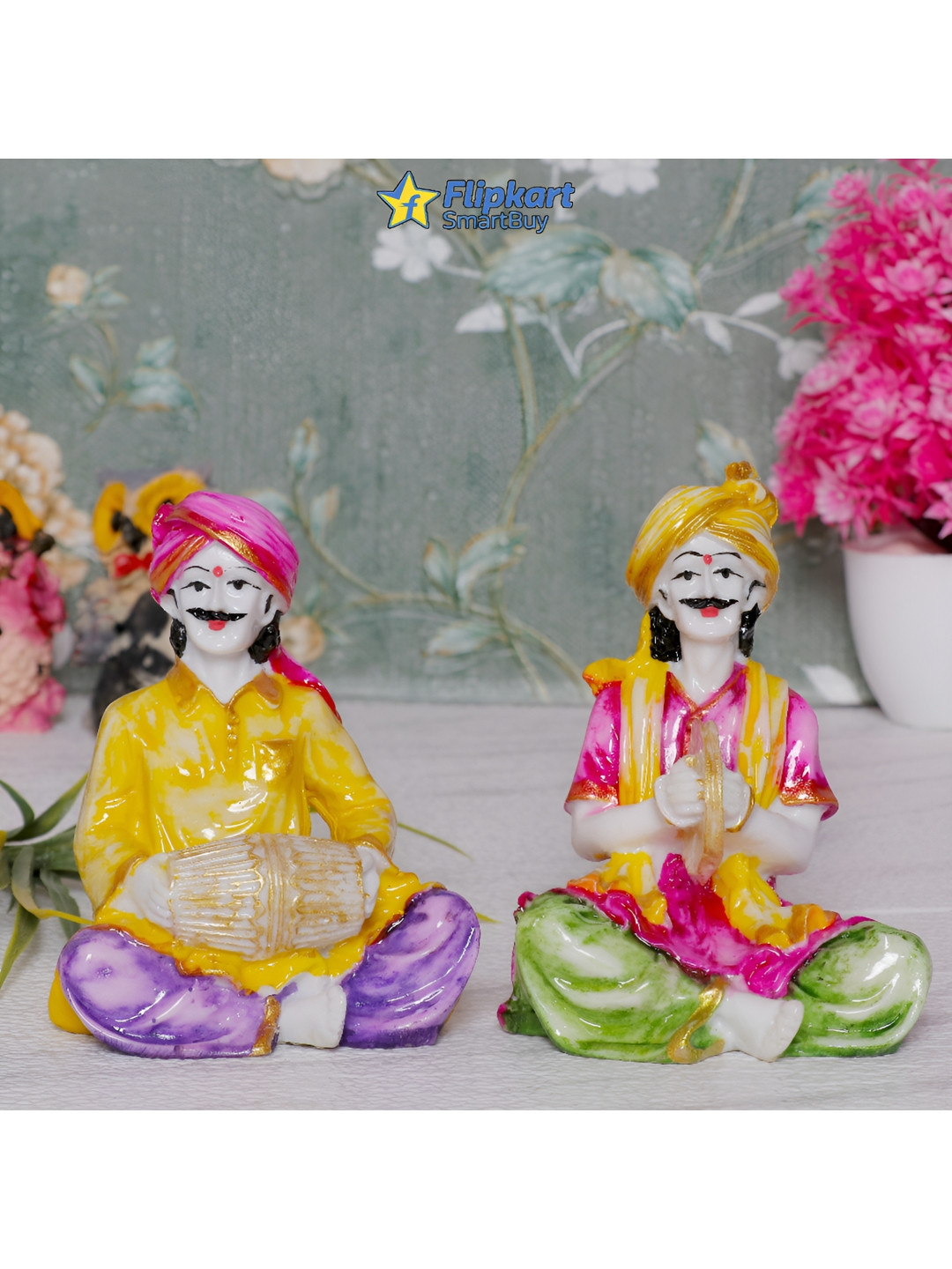 GW CREATIONS Rajasthani Musicians Yellow Marble Glossy Prayer Room Music Set of 2 Small Showpieces - 2 Inches