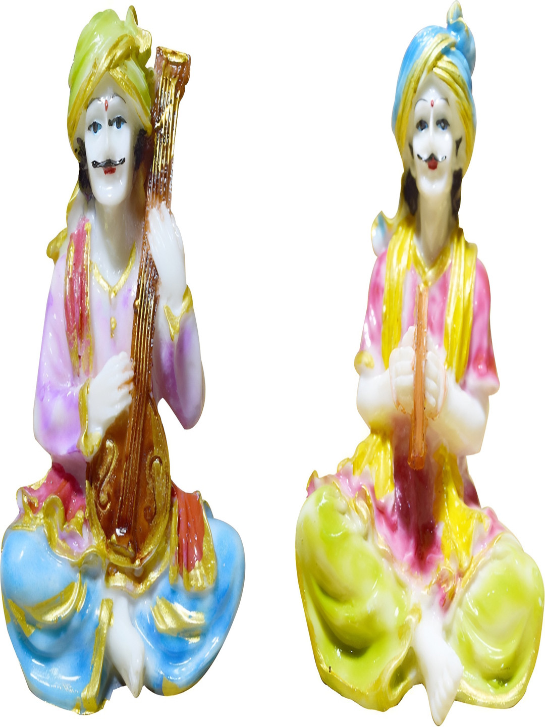 GW CREATIONS Rajasthani Musicians White Marble Glossy Living Room Set of 2 Small Showpieces - 2.4 Inches