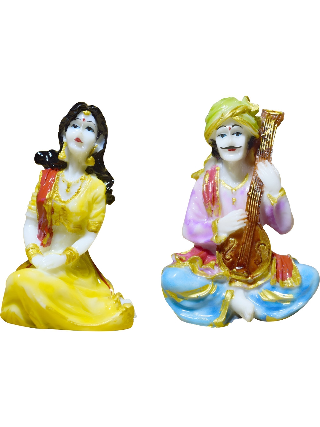 GW CREATIONS Rajasthani Musicians White Marble Glossy Living Room Set of 2 Small Showpieces - 5.1 Inches
