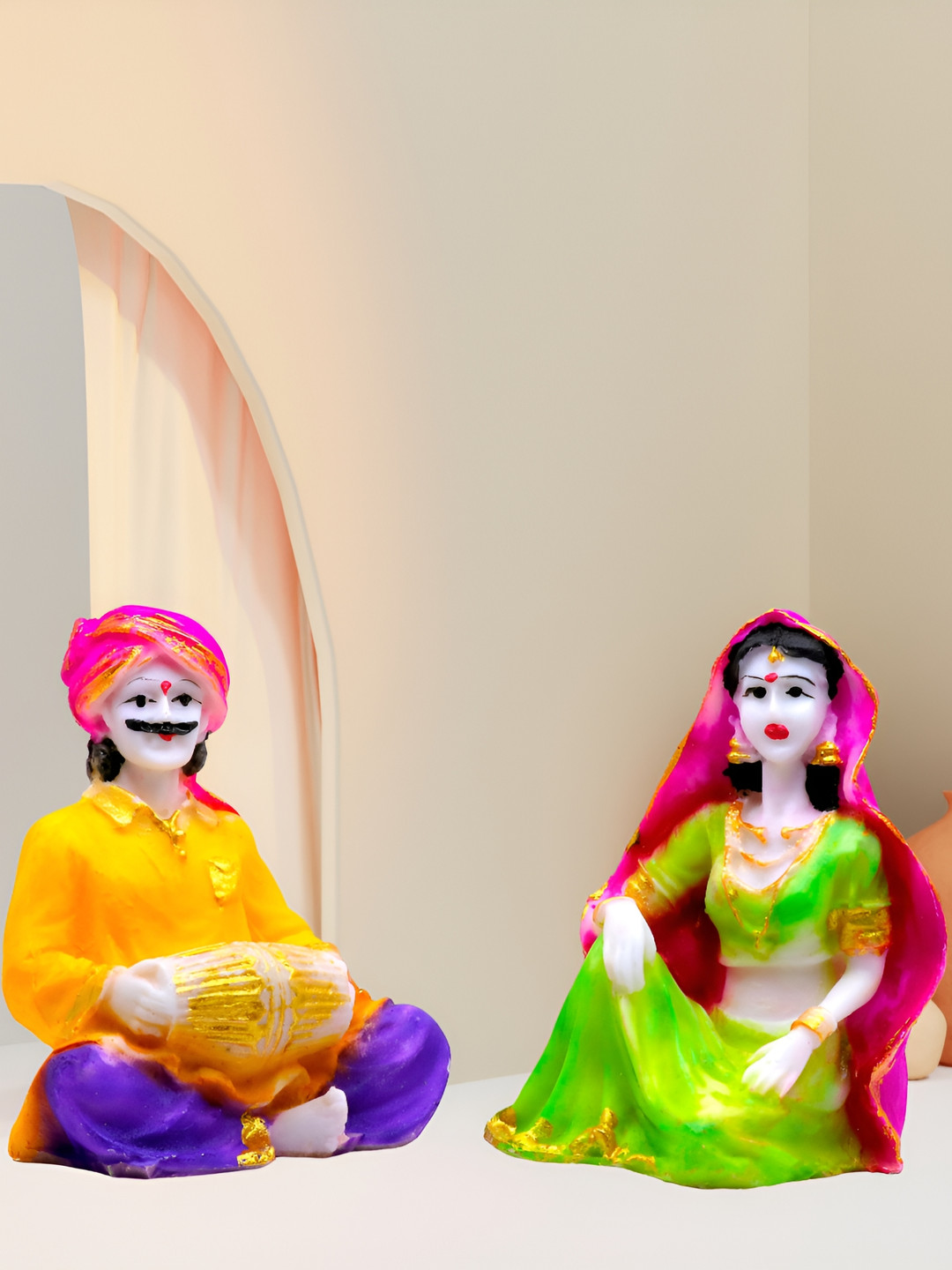 GW CREATIONS Rajasthani Musicians Green Marble Glossy Kid Room Set of 2 Small Showpieces - 4.7 Inches