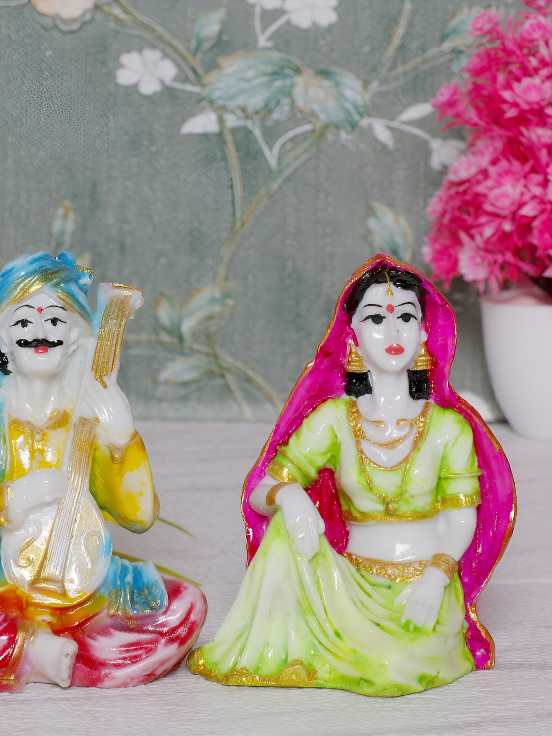 GW CREATIONS Rajasthani Musicians Yellow Marble Glossy Living Room Music Set of 2 Small Showpieces - 2 Inches