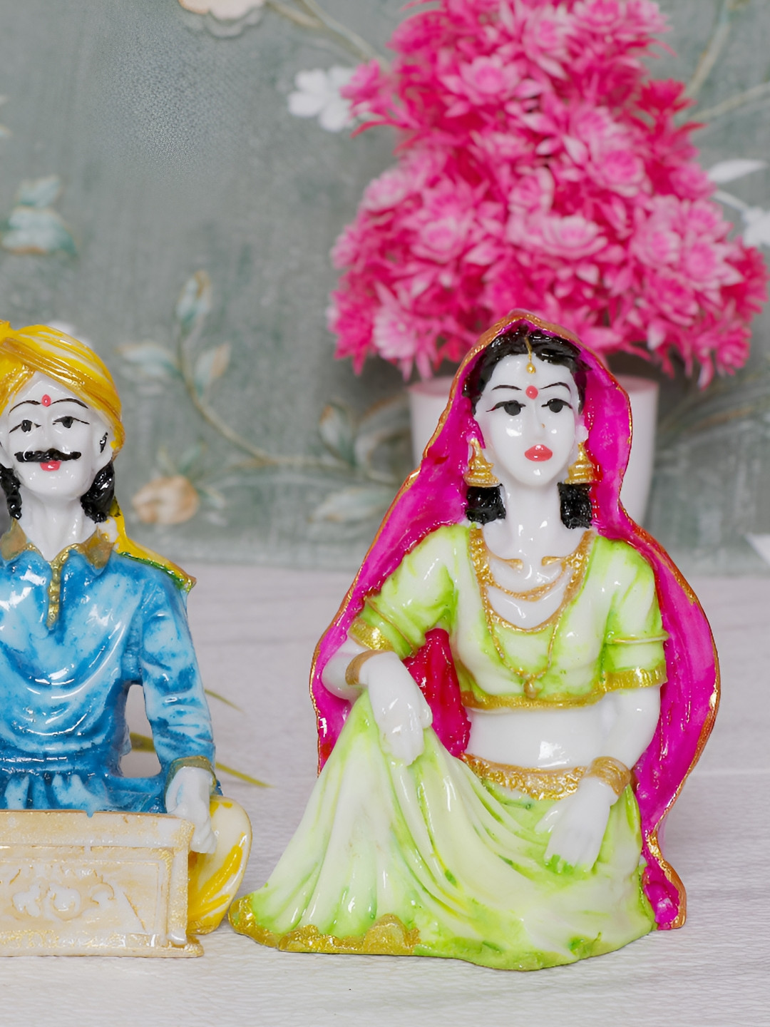 GW CREATIONS Rajasthani Musicians Green Polyresin Natural Prayer Room Music Set of 2 Small Showpieces - 4.3 Inches