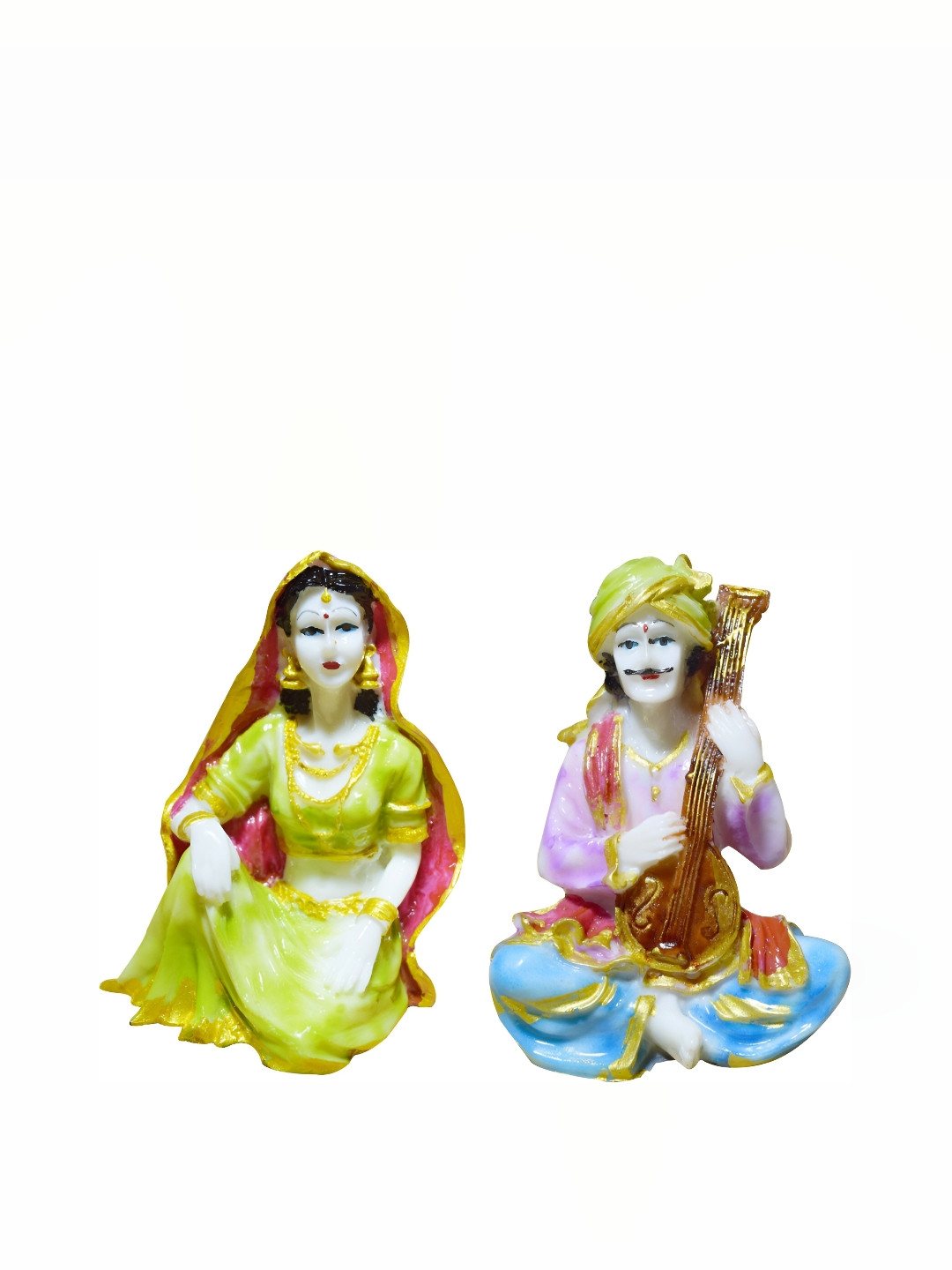 GW CREATIONS Rajasthani Musicians White Marble Natural Living Room Music Set of 2 Small Showpieces - 5.1 Inches