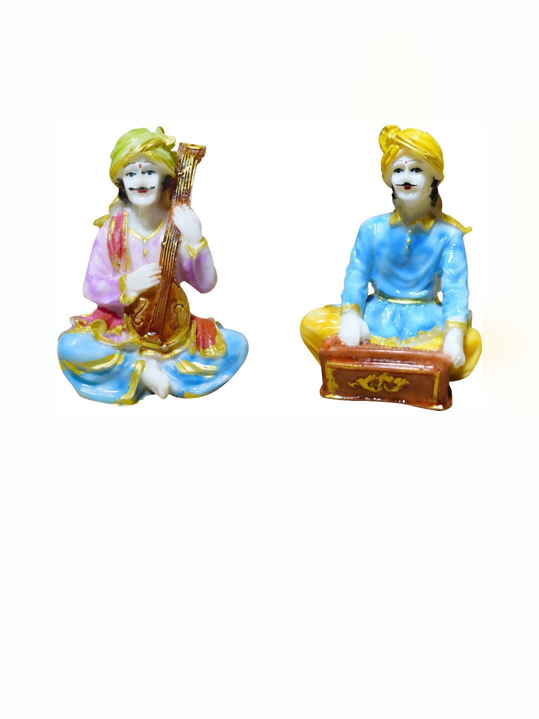 GW CREATIONS Rajasthani Musicians White Marble Glossy Prayer Room Music Set of 2 Small Showpieces - 5 Inches