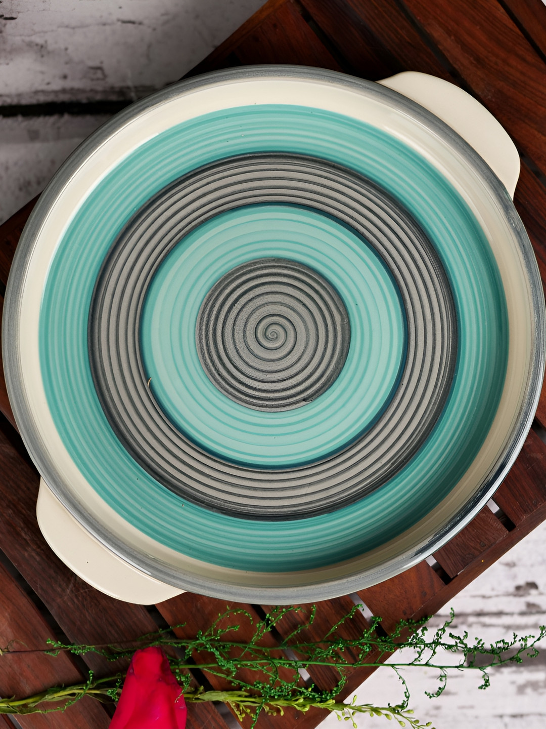 ARTYSTA BEAUTIFYING LIVES Green & White Printed Ceramic Dishwasher Safe Food Platter