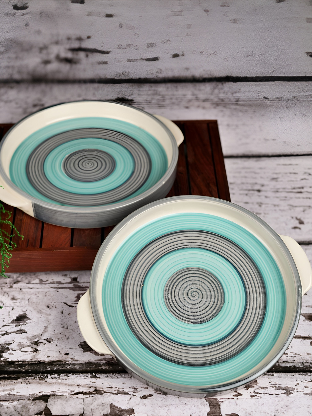 ARTYSTA BEAUTIFYING LIVES Green & White 2 Pcs Printed Ceramic Dishwasher Safe Food Platter