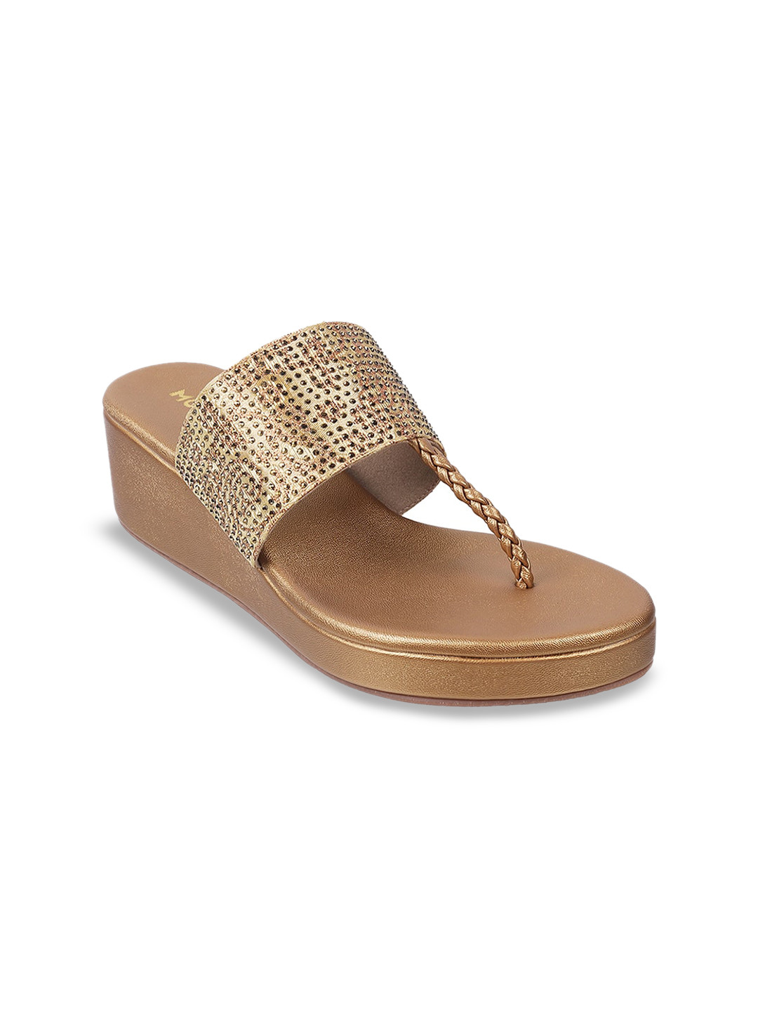 Mochi Womens Gold-Toned Ethnic Embellished T-Strap Wedge Heel