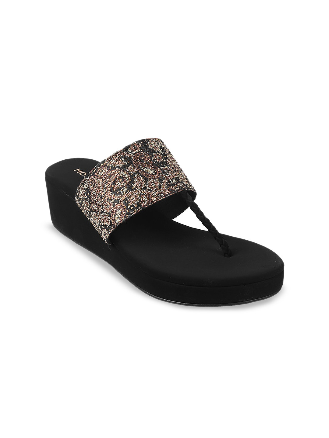 Mochi Womens Black Ethnic Embellished T-Strap Wedge Heel