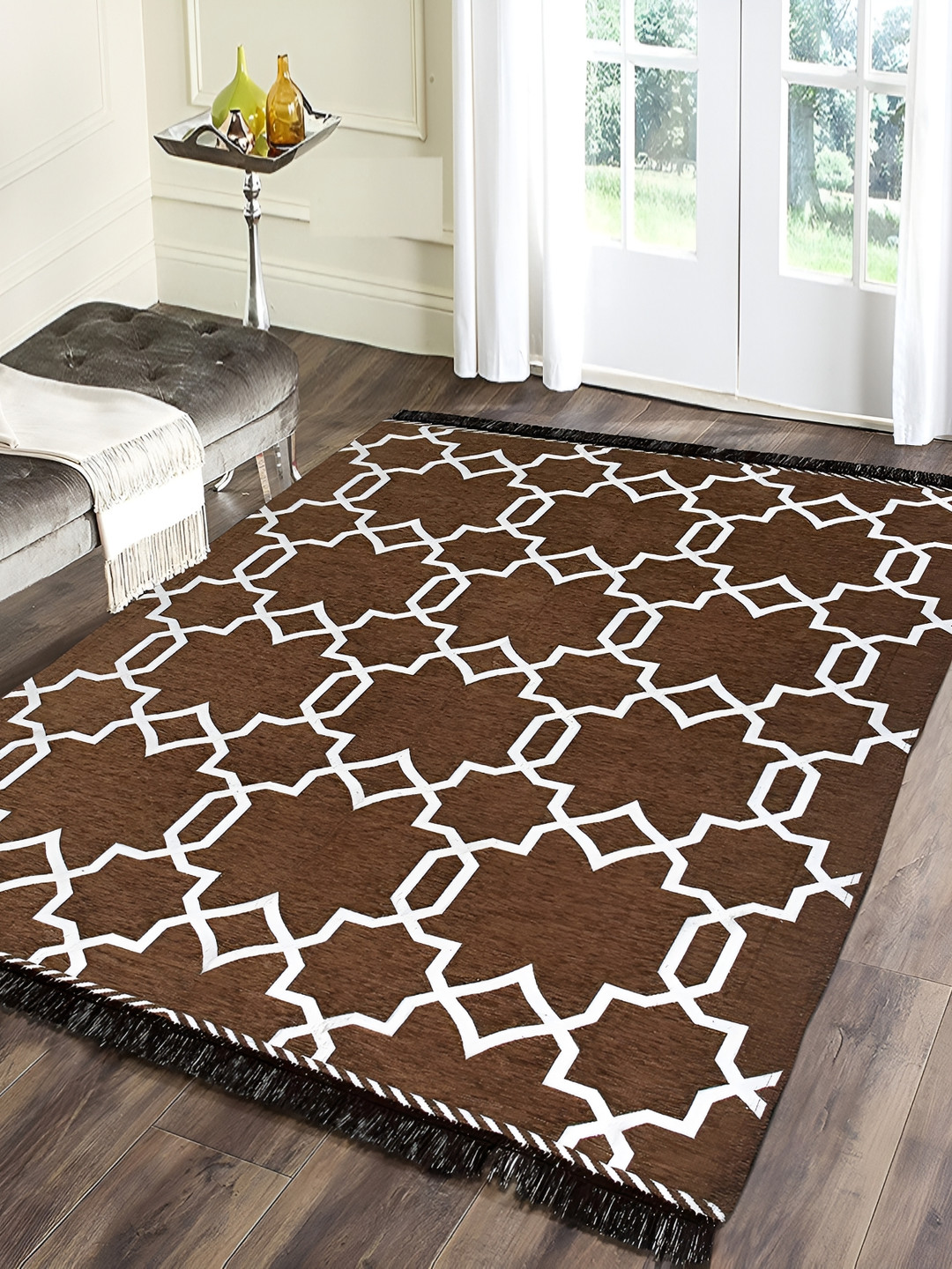 Sparrow world Mustured  & White Geometric Printed Velvet Carpet