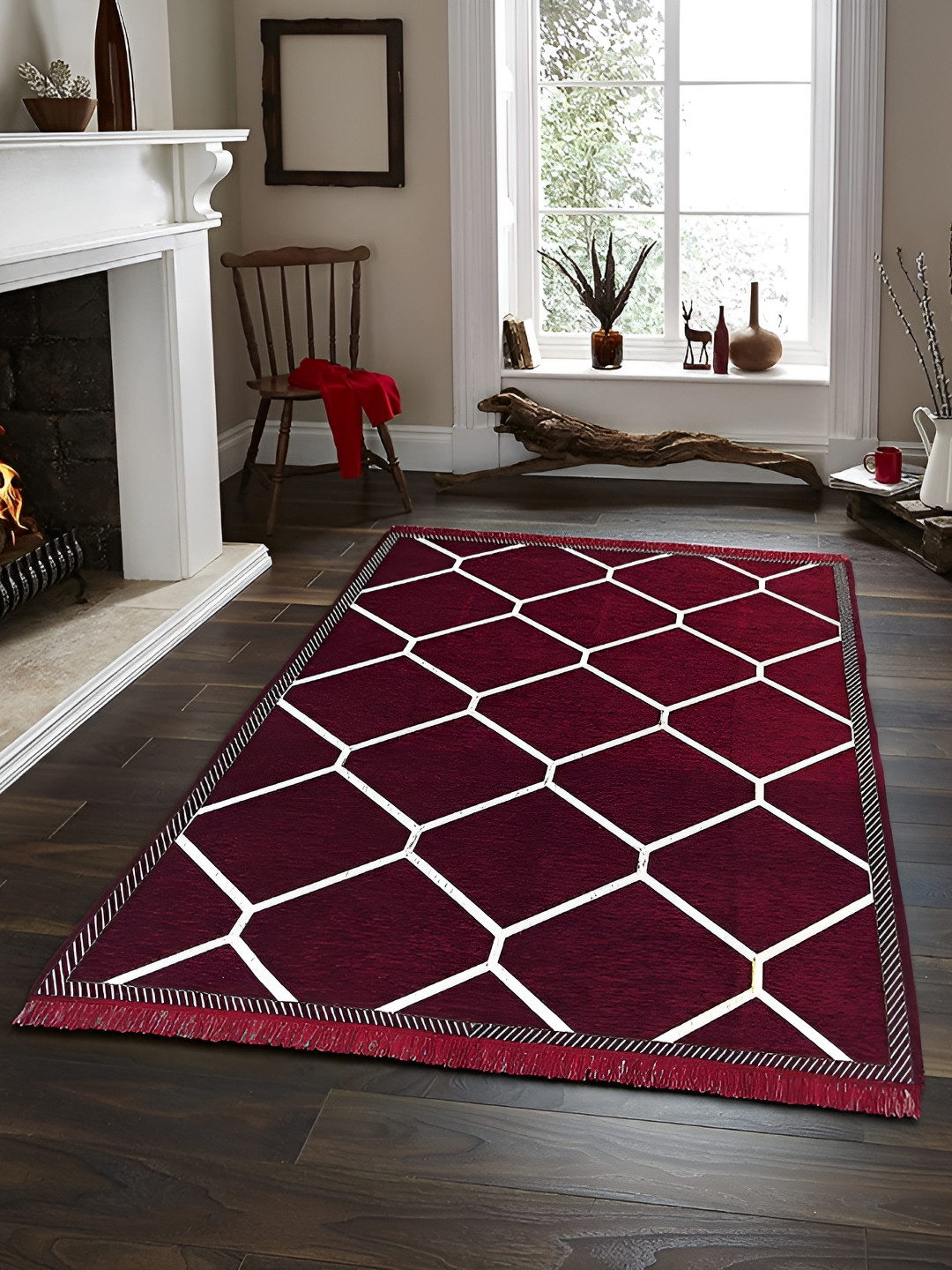 Sparrow world Maroon & White Geometric Living Room Carpet