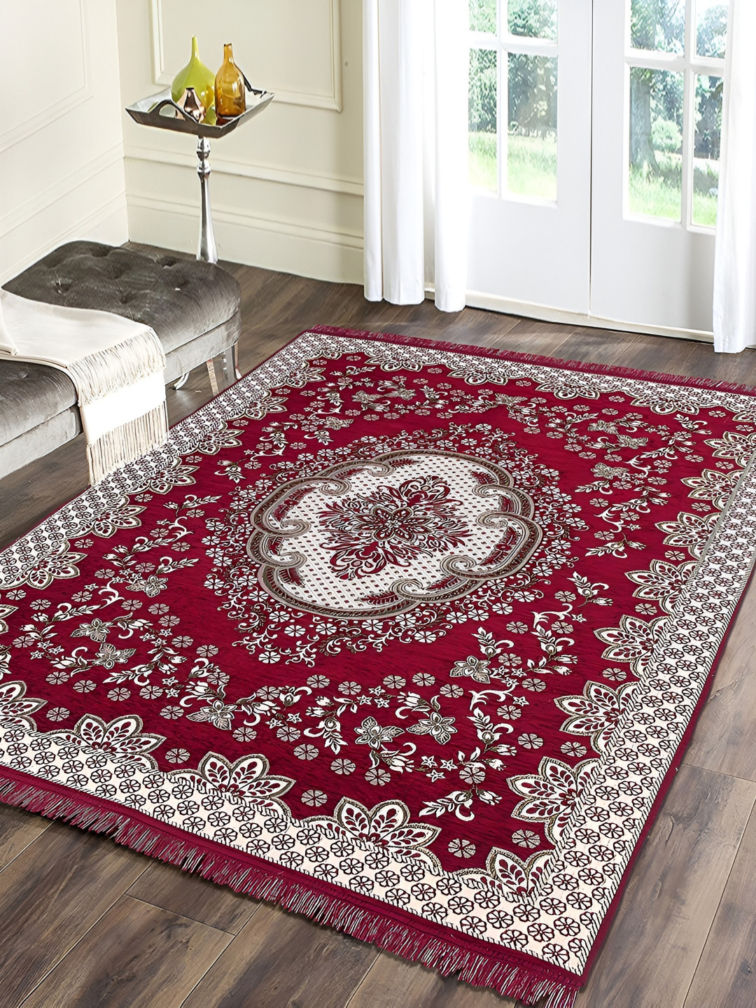 Sparrow world Maroon Printed Chennille Carpet