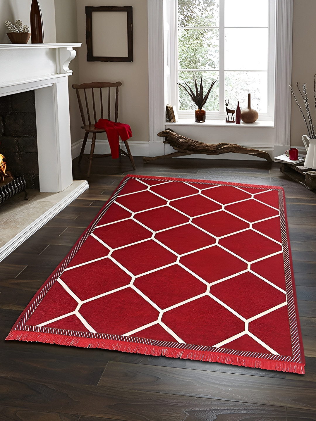 Sparrow world Red  & White  & White Geometric Printed Velvet Carpet