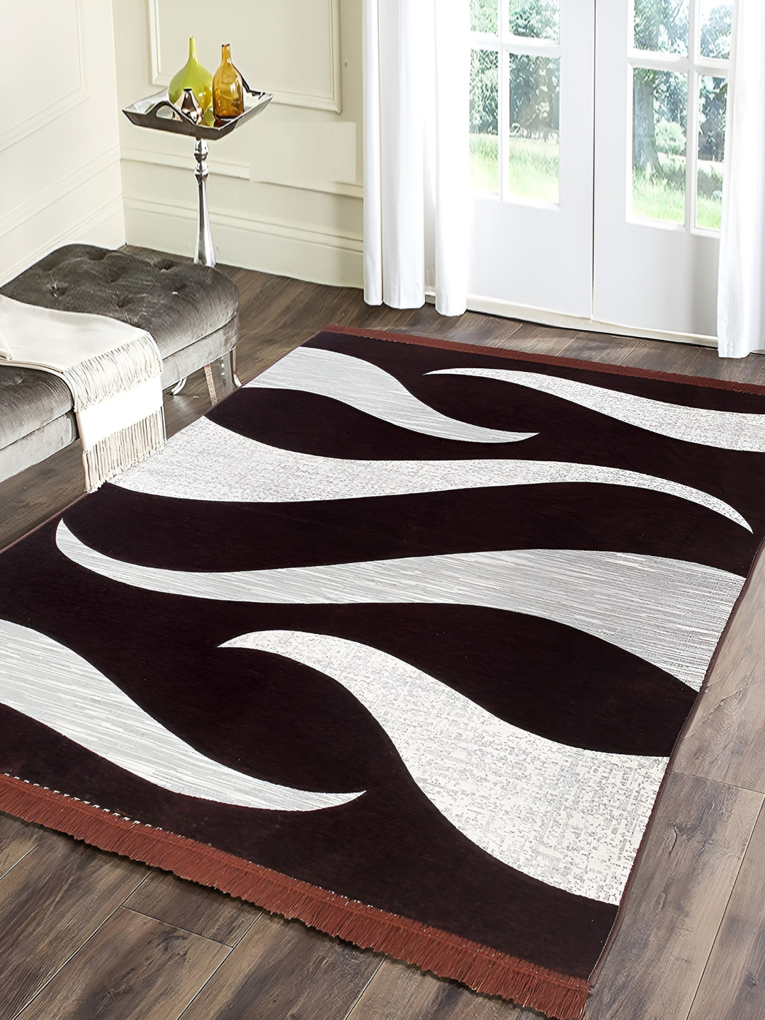 Sparrow world Brown & Grey Printed Chennille Carpet