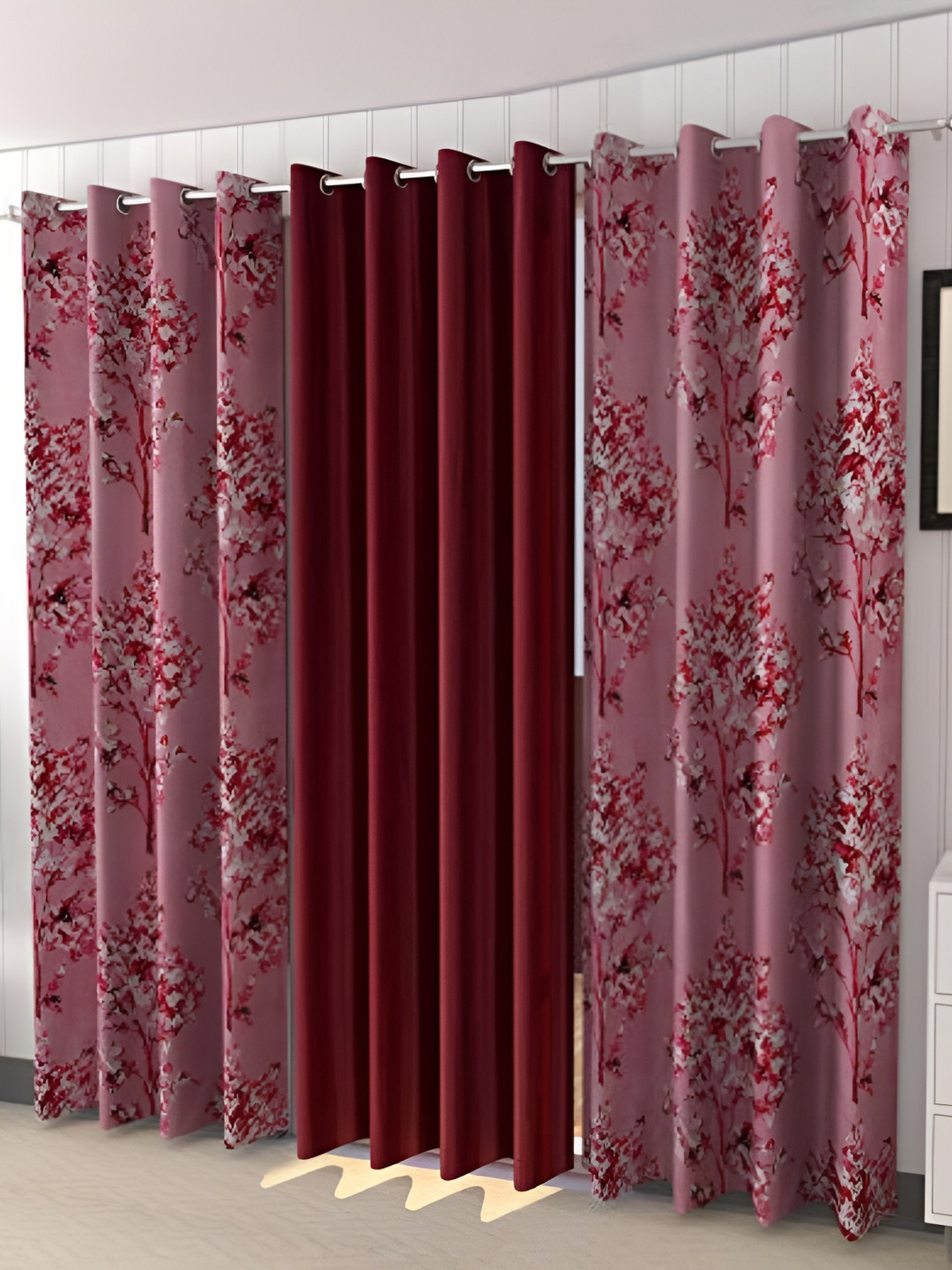 REYANSH DECOR Maroon and White 2 Pieces Floral Long Door Curtains