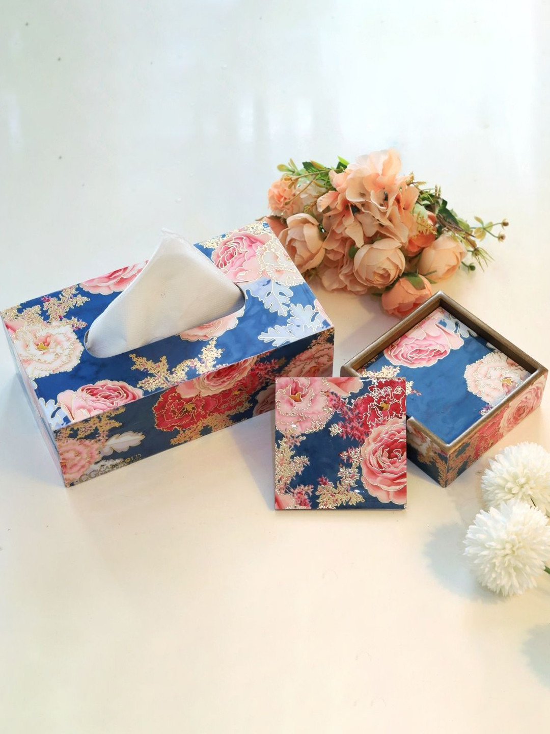 CasaGold Blue & Pink 6 Pcs Floral Printed Wooden Square Coasters With Tissue Box