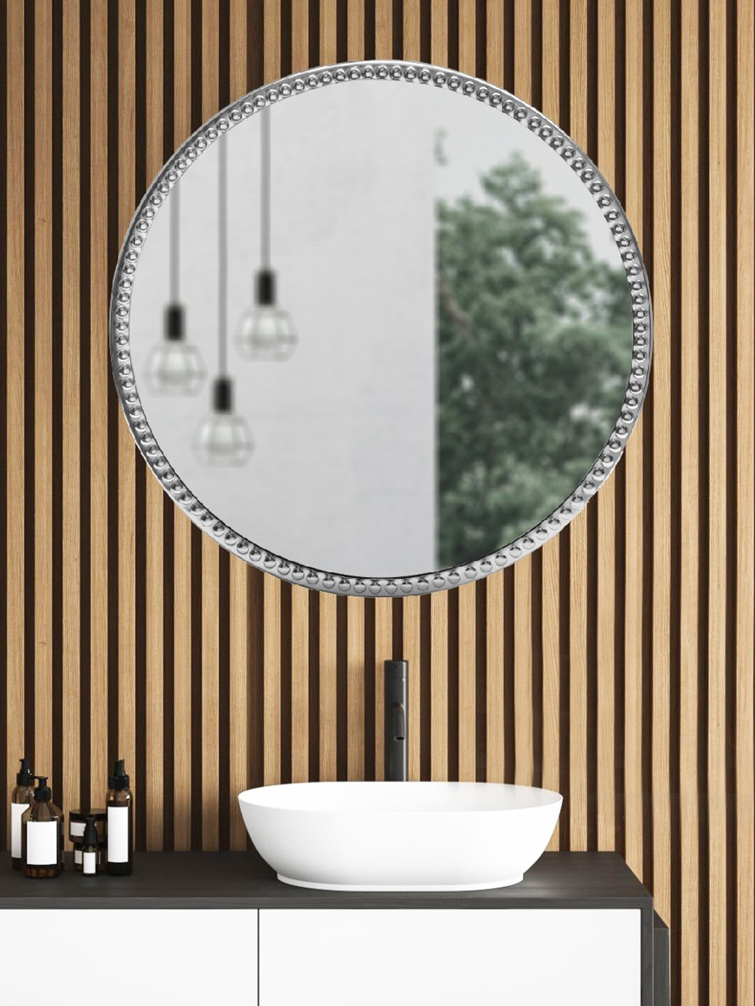 Cocovey Homes Silver-Toned Textured Brass Round Wall Mirror