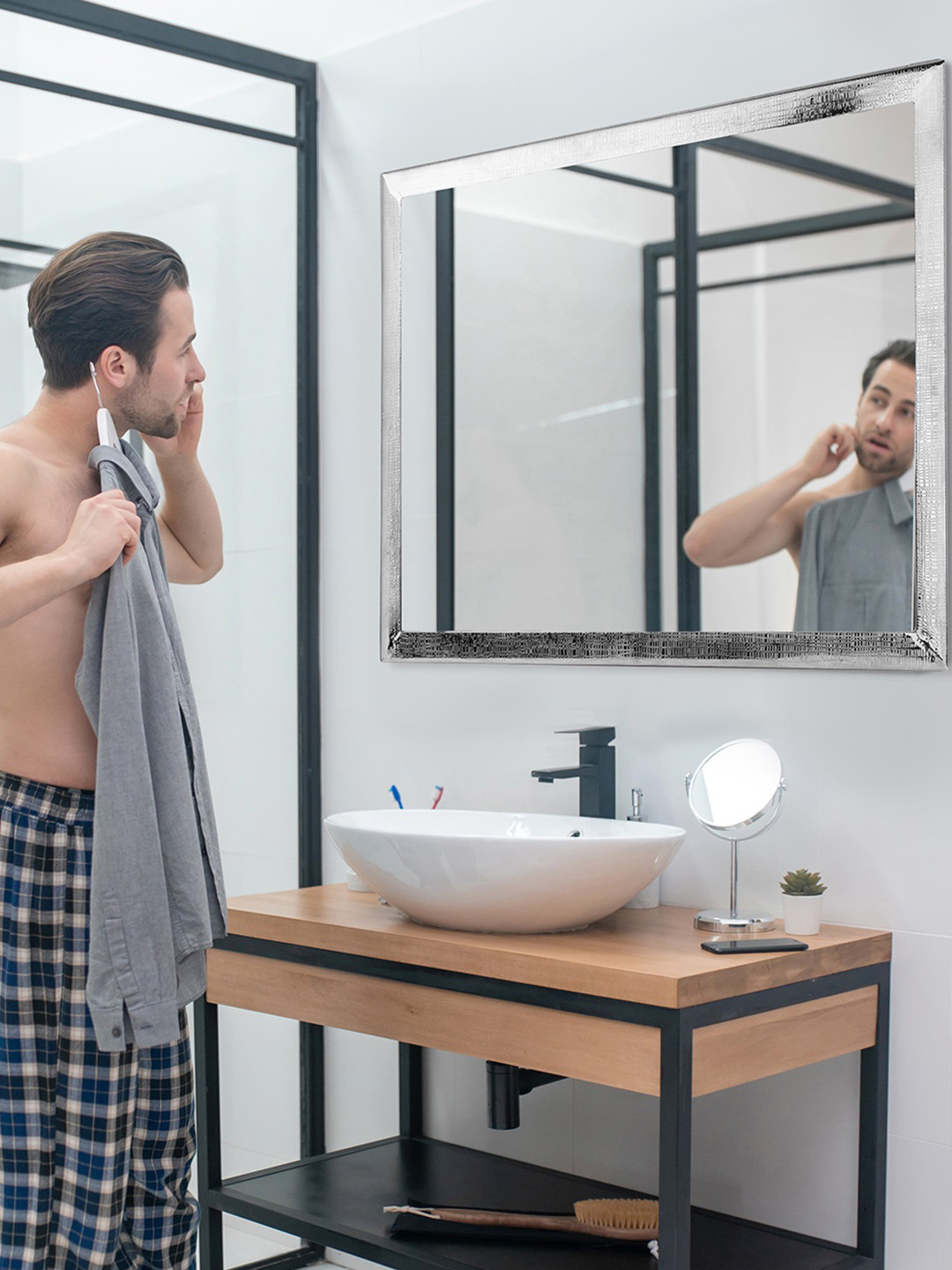 Cocovey Homes Grey Textured Nickel & Stainless Steel Vintage Rectangle Wall Mirror