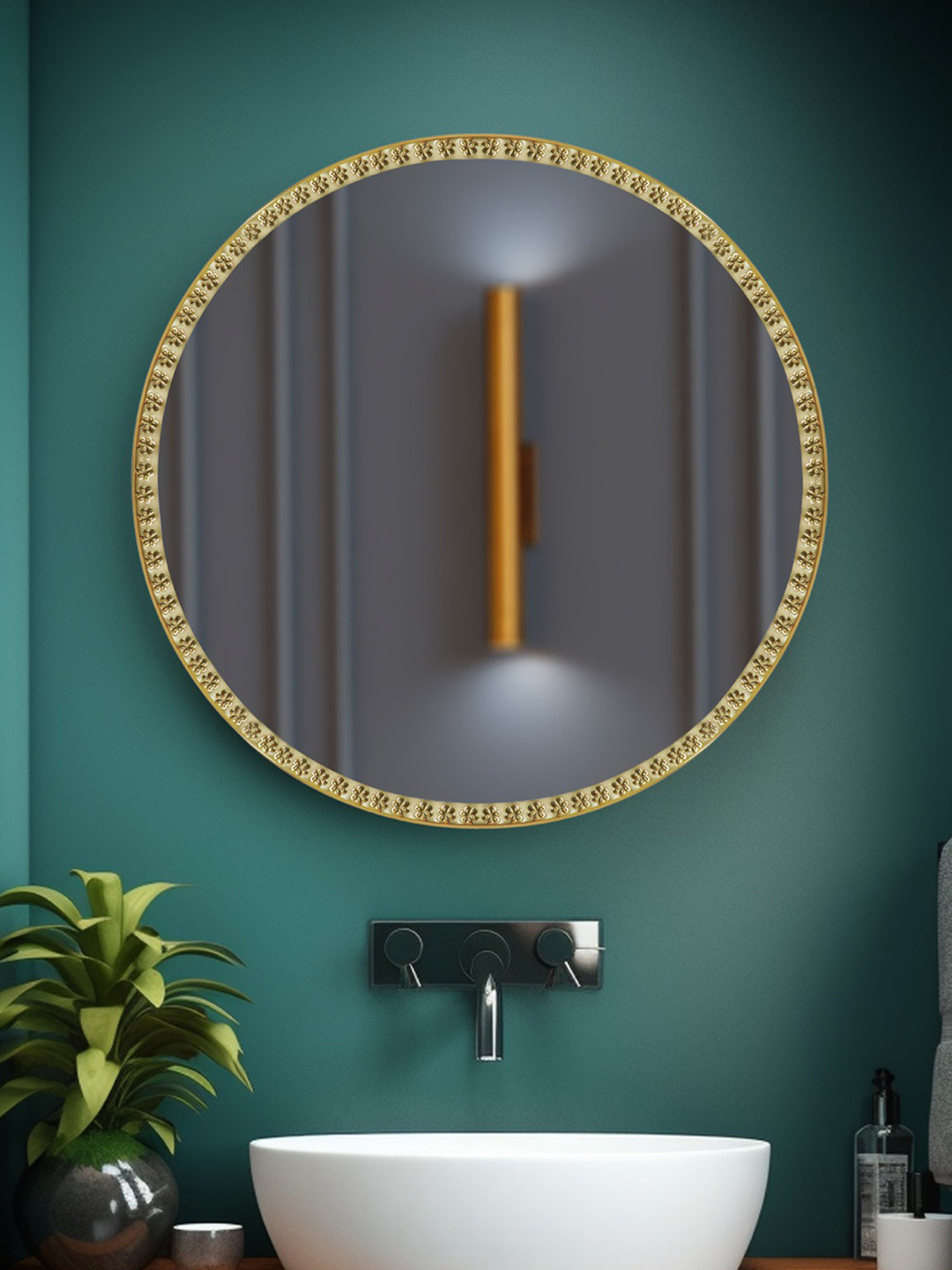 Cocovey Homes Beige & Grey Textured Nickel & Stainless Steel Antique Round Decor Wall Mirror