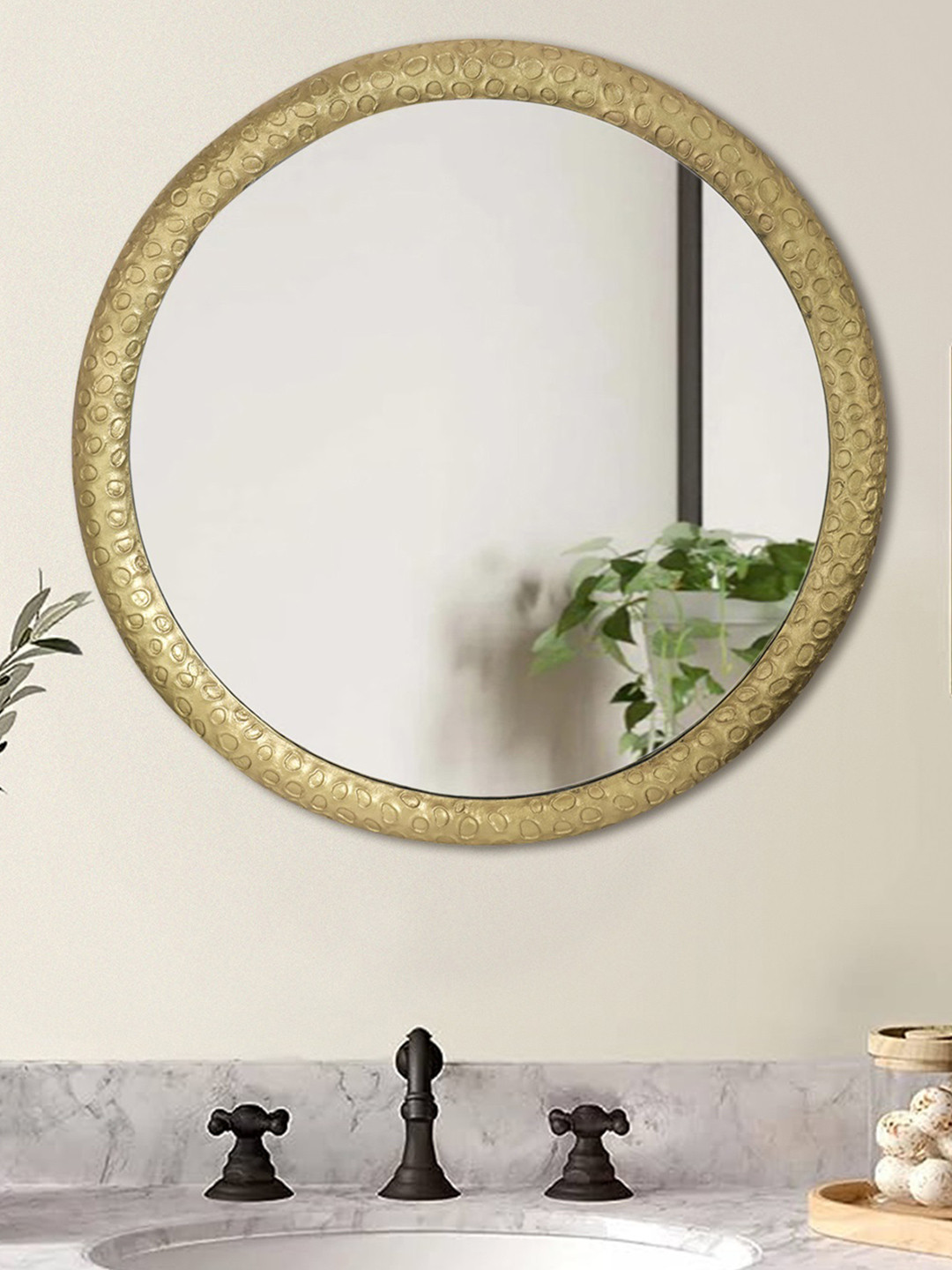 Cocovey Homes Gold Toned Textured Aluminum Round Shaped Wall Mirror