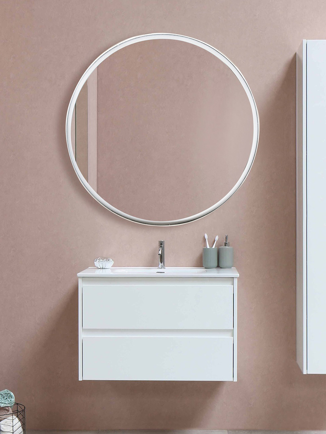Cocovey Homes White Textured Metal Round Shaped Wall Mirror