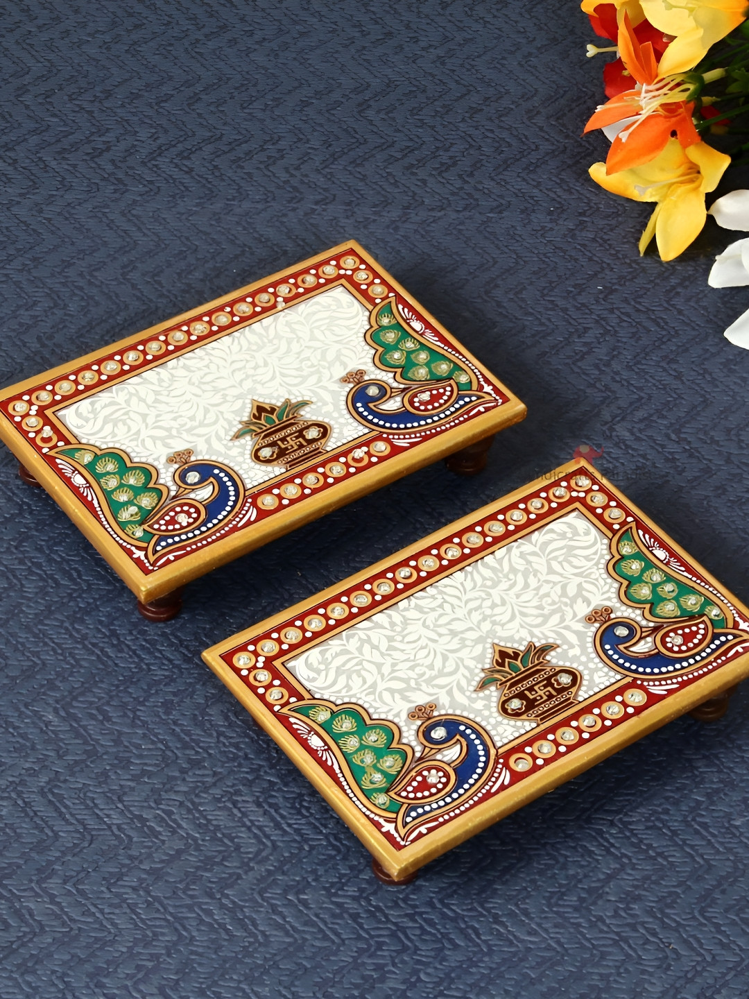 HANDICRAFTS PARADISE White & Red 2 Pcs Peacock & Kalash designed Marble Pooja Chowkie